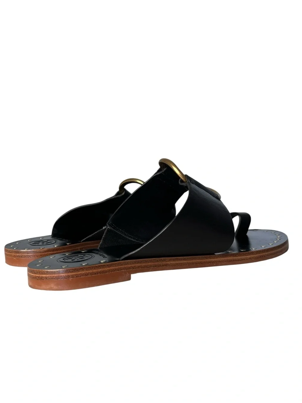 Tory Burch Ravello Black Leather Toe Ring Gold-Tone Studded Sandals Sz 8